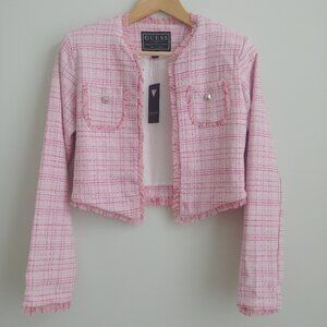 NEW WITH TAGS Guess pink white cotton tweed cropped jacket with fringe S…